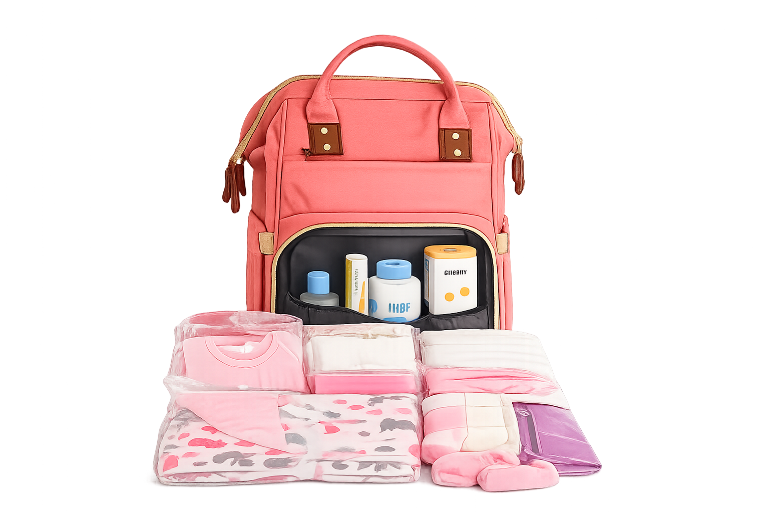 Mochila rosada con artículos de bebé